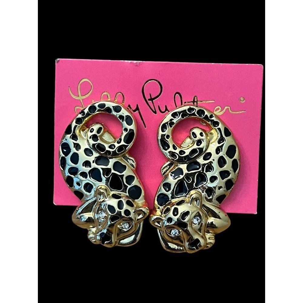 Lilly Pulitzer Rhinestone Cheetah Earrings Gold Tone Pierced Leopard Cat New